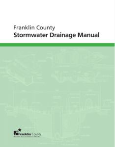 Cover of the Franklin County Stormwater Drainage Manual with a green header and faint technical engineering schematics in the background. Franklin County logo and tagline appear at the bottom.