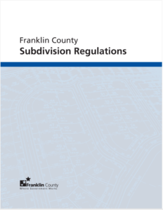 Cover page of a document titled Franklin County Subdivision Regulations, featuring a faint blueprint map in the background and the Franklin County logo at the bottom left corner.