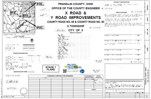 Engineering plan cover sheet for Franklin County, Ohio, showing a project for road improvements. Includes a location map, index of sheets, project description, logos, standard construction drawings, and various tables.