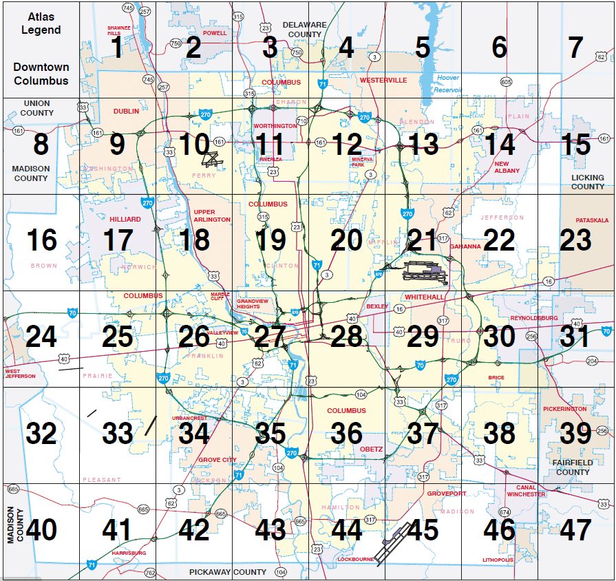 A map of Columbus, Ohio, divided into a 7x7 numbered grid. Major highways, neighborhoods, and counties are labeled, and downtown Columbus is marked in grid 28. Surrounding counties and cities are also shown. A map of Columbus, Ohio, divided into a 7x7 numbered grid. Major highways, neighborhoods, and counties are labeled, and downtown Columbus is marked in grid 28. Surrounding counties and cities are also shown.